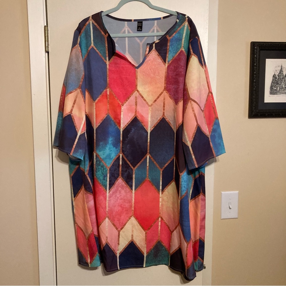 Emory Rose plus notch neck geo print color block tunic dress